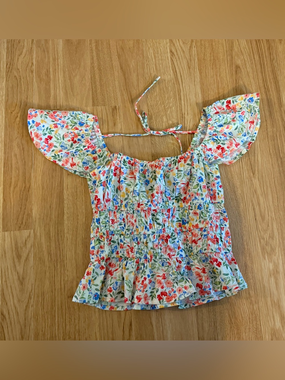 EUC Altar'd State Smocked Floral Peasant Cropped Top - White - Size Small